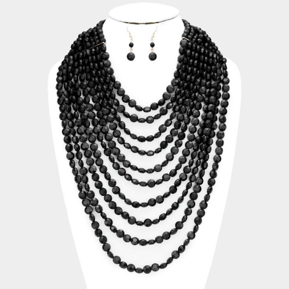 Black Multi Chain Strand Faceted Bead Necklace Earrings Set Layered Accessory